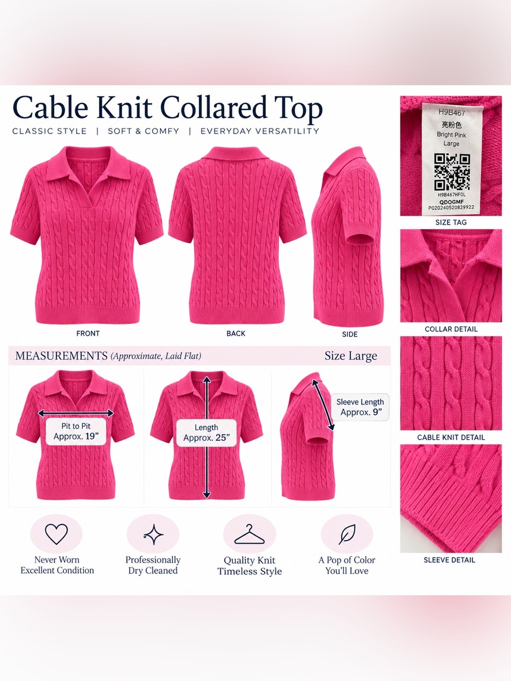 Women’s Cable-Knit Collared V-Neck Sweater - Bright Pink - Never Worn LG